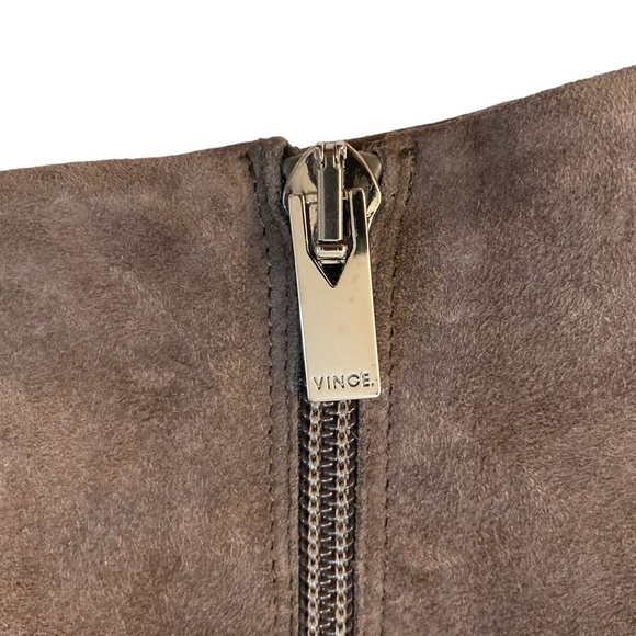 VINCE Fenmore Taupe Brown Suede Peep Toe Ankle Bootie Boot Heels - Picture 8 of 12